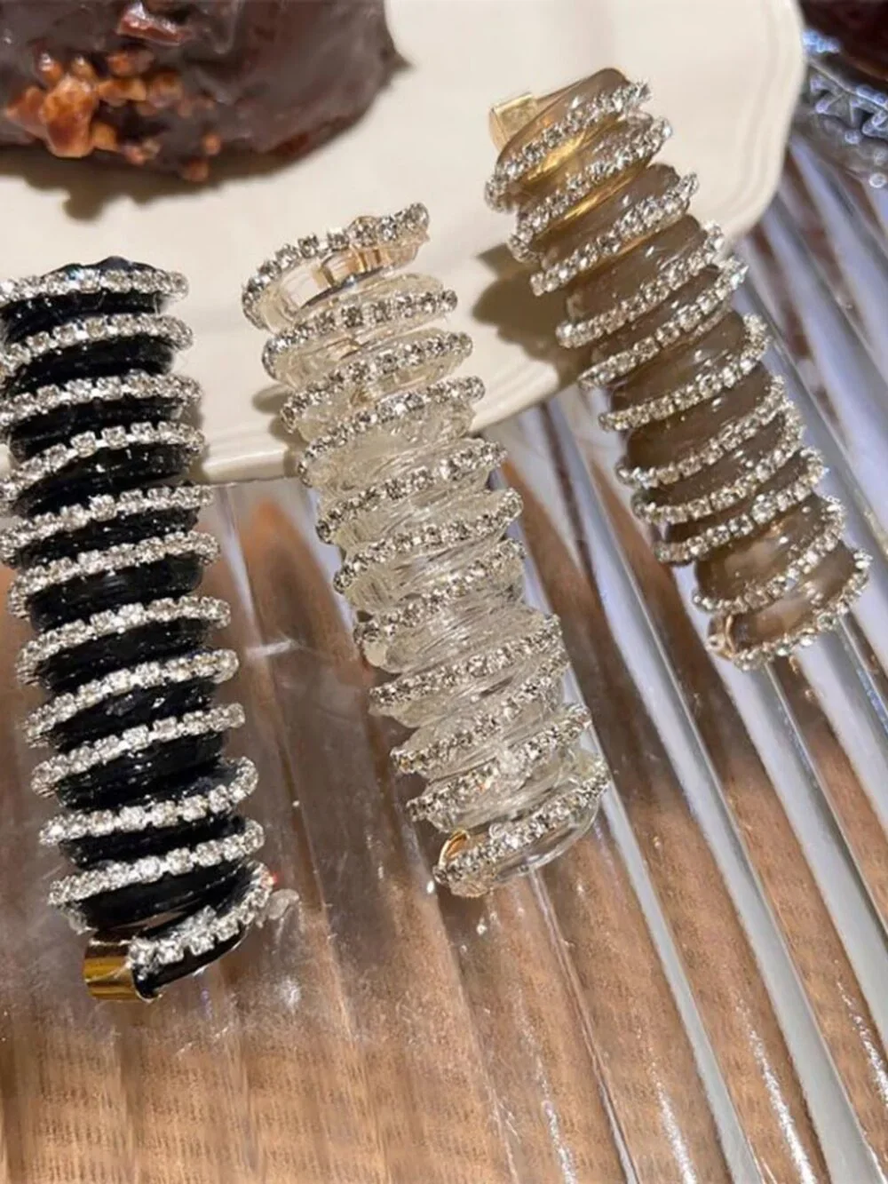 3pcs Glitter Rhinestone Spiral Hair Ties No Damage Bubble Braid Ponytail Holders